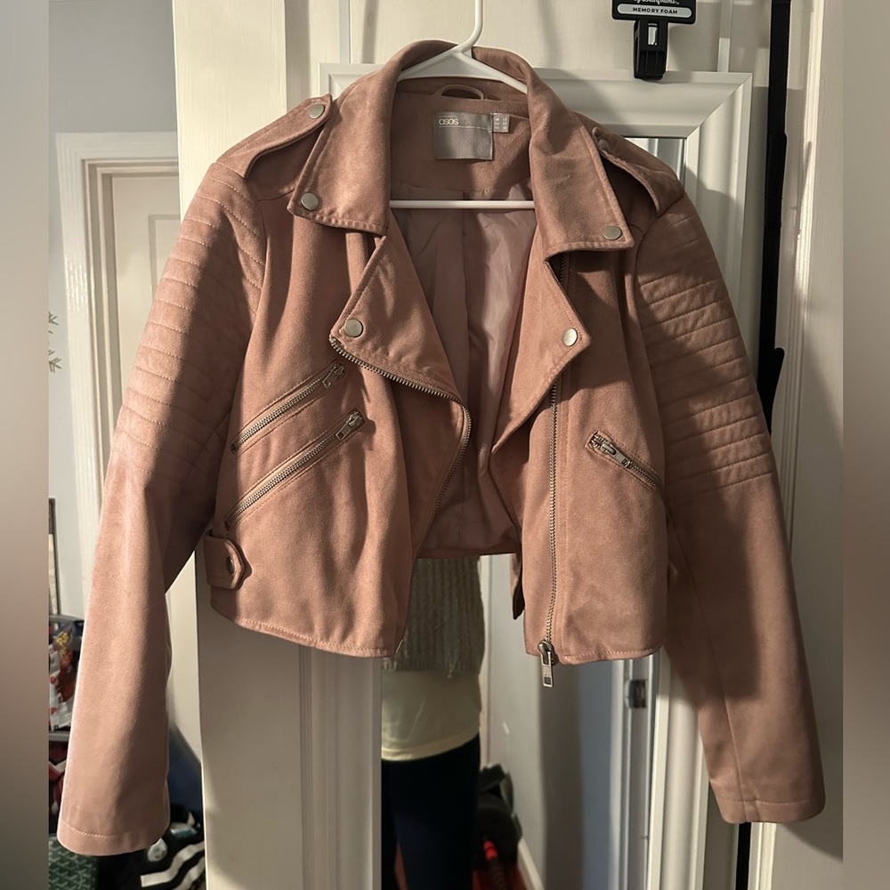 ASOS Suede Light Pink Cropped Moto Motorcycle Jacket Top Women 14 Large XL New